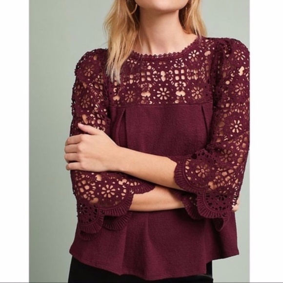 Anthropologie Tops - ANTHROPOLOGIE Eri + Ali Marigold Top Crochet Lace Bell Sleeve Burgundy Size XS